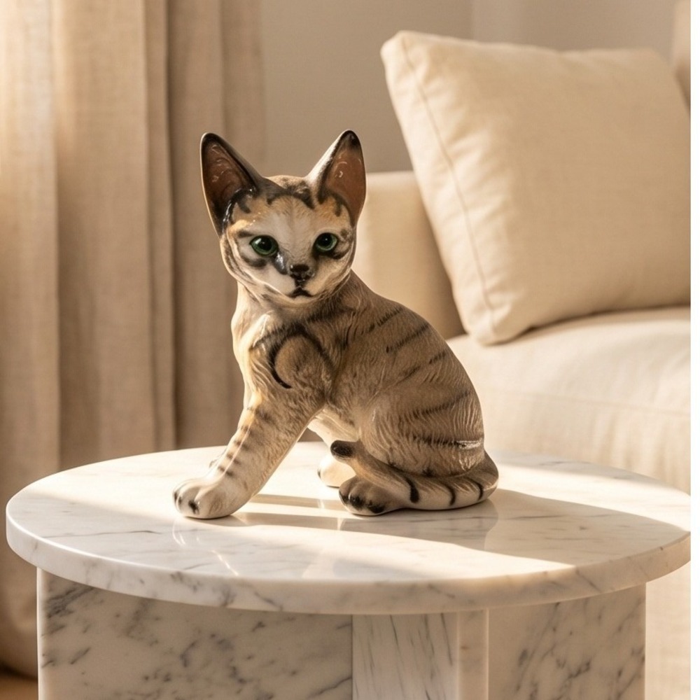 Vintage Ceramic Kitten Figurine Striped Tabby Green Eyes Home Decor Statue 8"